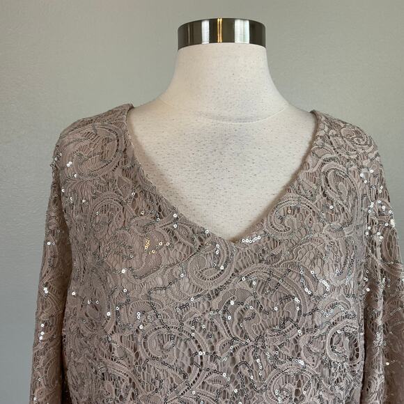 Alex Evenings Sequined Lace Cocktail Dress Size 24W Taupe Belted Fit and Flare - Picture 6 of 11